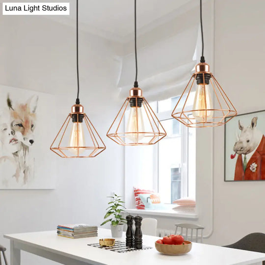 Rose Gold Loft Style Dining Room Ceiling Lamp With Multi Hanging Lights Diamond Cage And Canopy