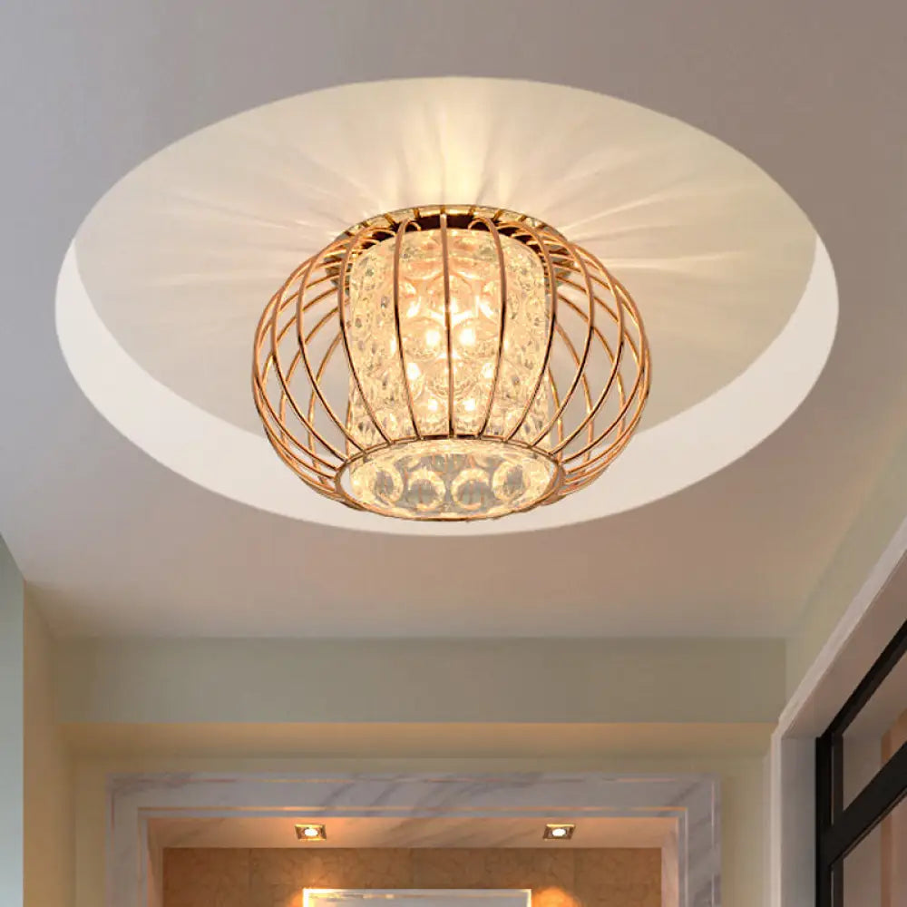 Rose Gold Lantern Cage Led Flushmount Ceiling Light: Cylindrical Bubble Crystal For Simple Corridors