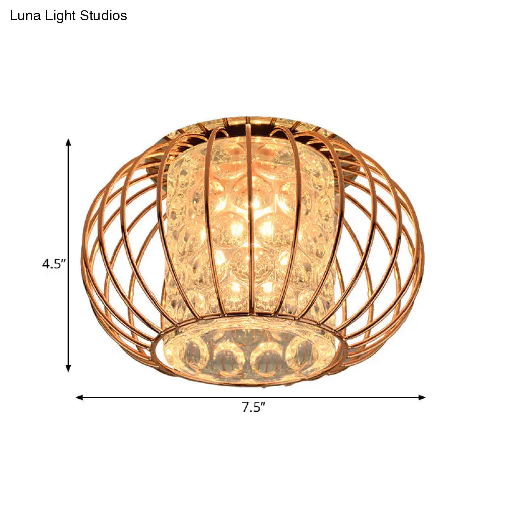 Rose Gold Lantern Cage Led Flushmount Ceiling Light: Cylindrical Bubble Crystal For Simple Corridors