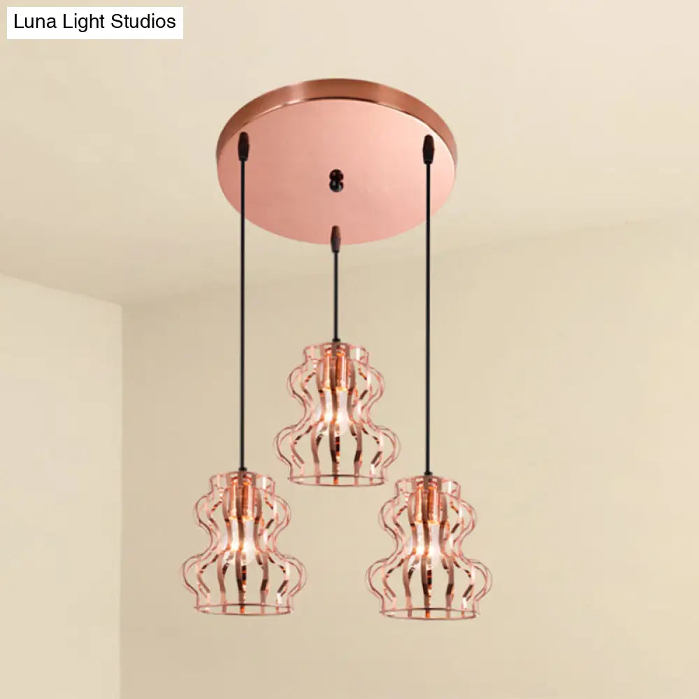 Rose Gold Loft Style Gourd Cage Pendant Light With Canopy - 3 Bulbs Metallic Finish