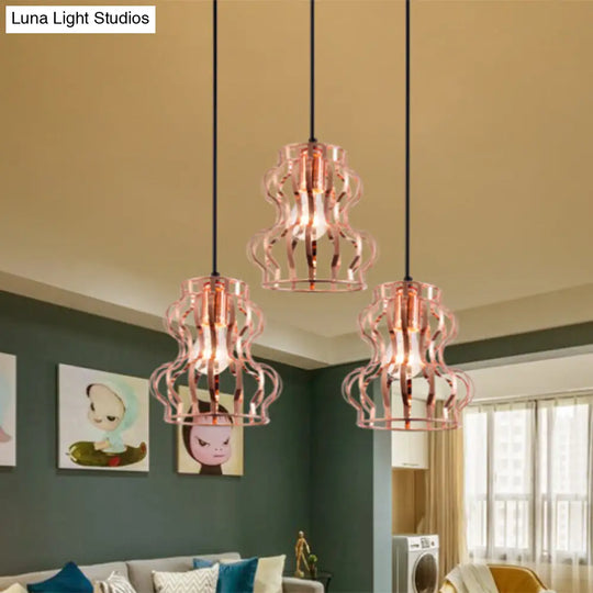 Rose Gold Loft Style Gourd Cage Pendant Light With Canopy - 3 Bulb Metallic Hanging Ceiling