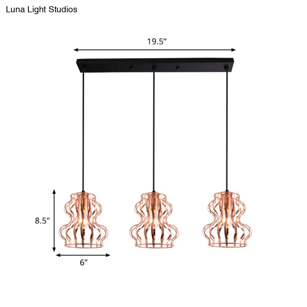 Rose Gold Loft Style Gourd Cage Pendant Light With Canopy - 3 Bulb Metallic Hanging Ceiling