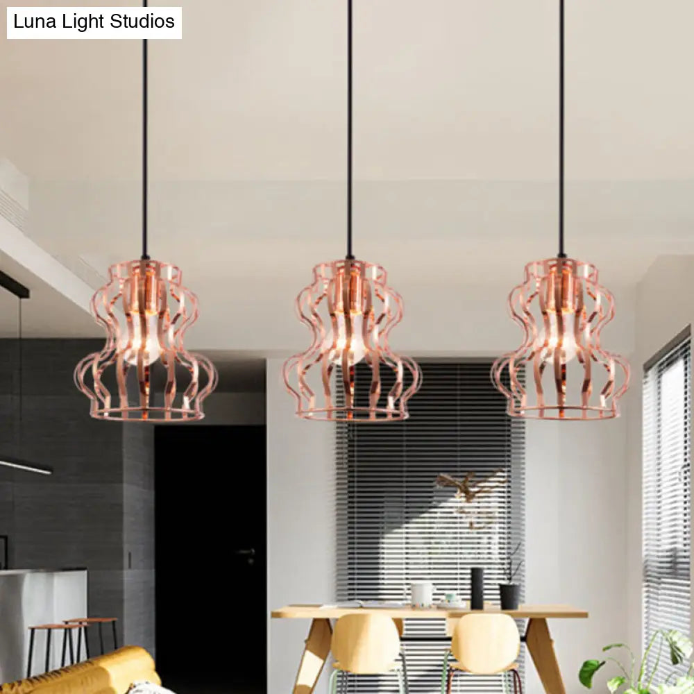 Rose Gold Loft Style Gourd Cage Pendant Light With Canopy - 3 Bulbs Metallic Finish