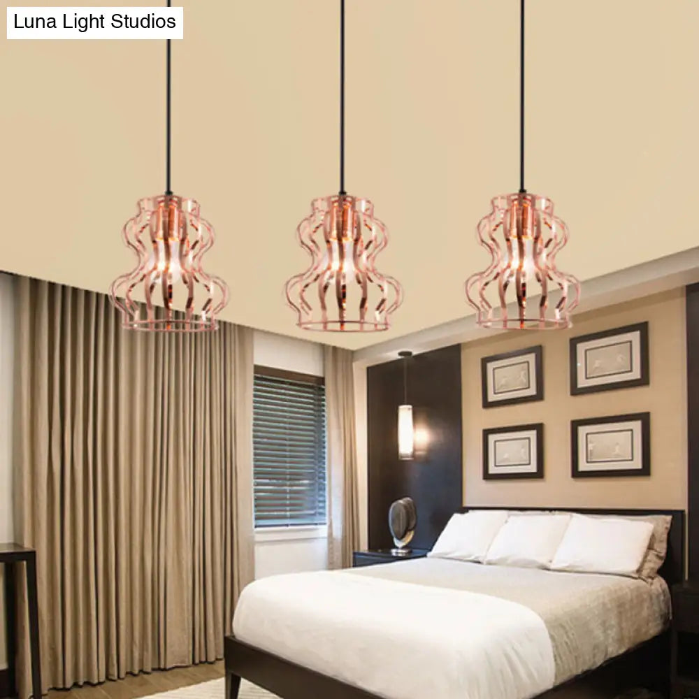 Rose Gold Loft Style Gourd Cage Pendant Light With Canopy - 3 Bulbs Metallic Finish