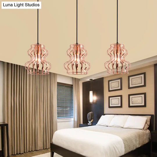 Rose Gold Loft Style Gourd Cage Pendant Light With Canopy - 3 Bulbs Metallic Finish