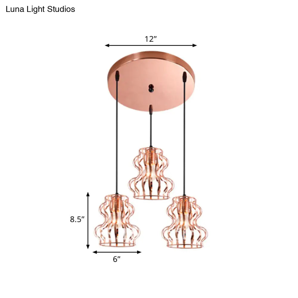 Rose Gold Loft Style Gourd Cage Pendant Light With Canopy - 3 Bulb Metallic Hanging Ceiling