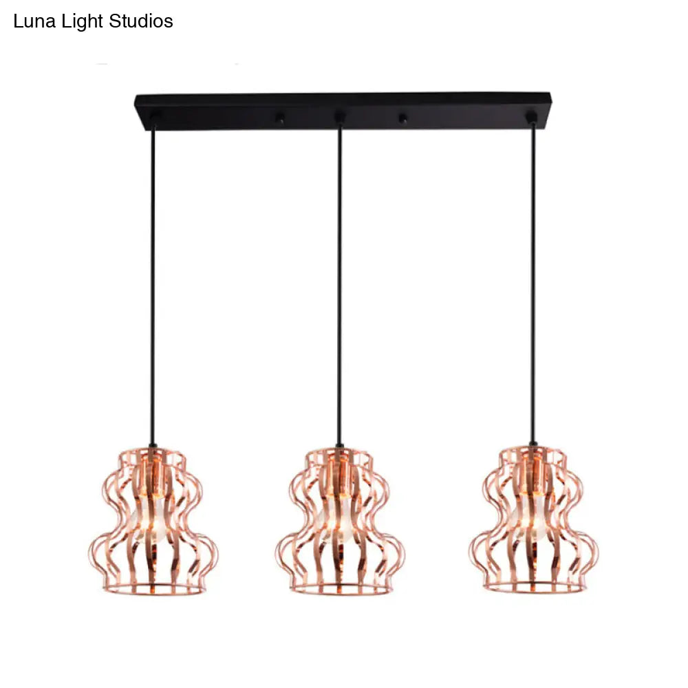 Rose Gold Loft Style Gourd Cage Pendant Light With Canopy - 3 Bulb Metallic Hanging Ceiling