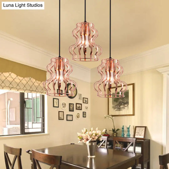 Rose Gold Loft Style Gourd Cage Pendant Light With Canopy - 3 Bulb Metallic Hanging Ceiling / Round