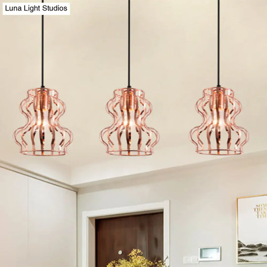 Rose Gold Loft Style Gourd Cage Pendant Light With Canopy - 3 Bulb Metallic Hanging Ceiling / Linear