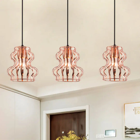 Rose Gold Loft Style Gourd Cage Pendant Light With Canopy - 3 Bulbs Metallic Finish / Linear