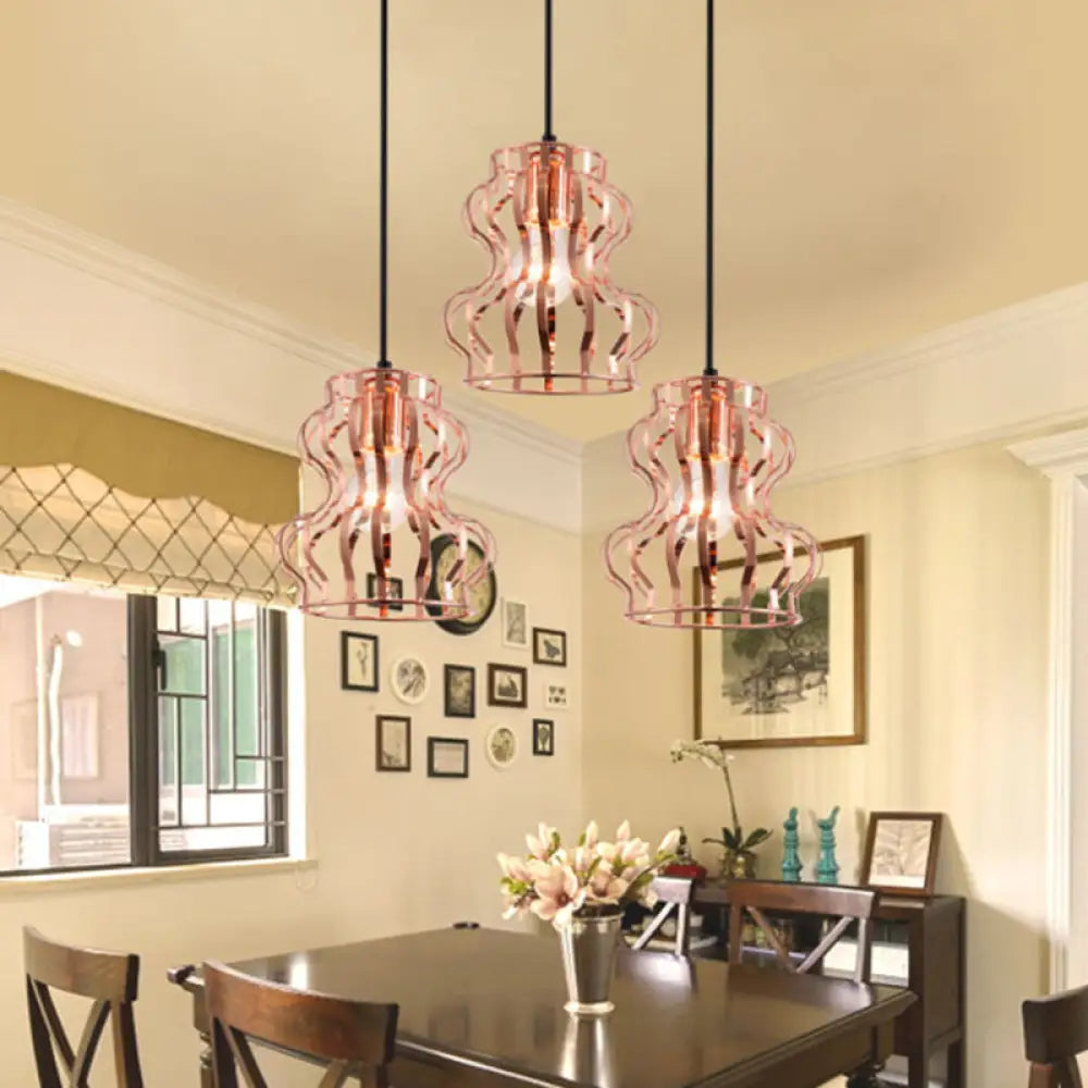 Rose Gold Loft Style Gourd Cage Pendant Light With Canopy - 3 Bulbs Metallic Finish / Round