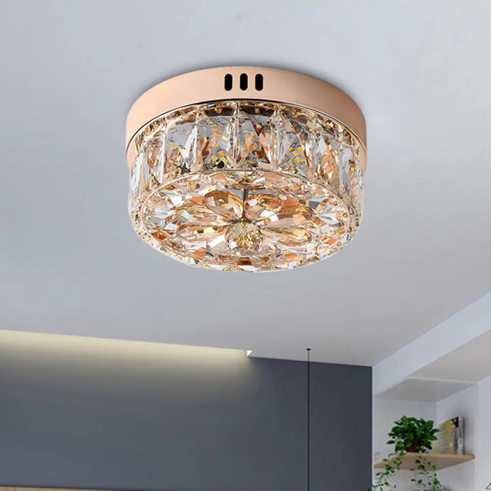 Rose Gold Mini Led Flush Ceiling Light - Beveled Crystal Round Mount Lamp 8’/10’ Width’ Or