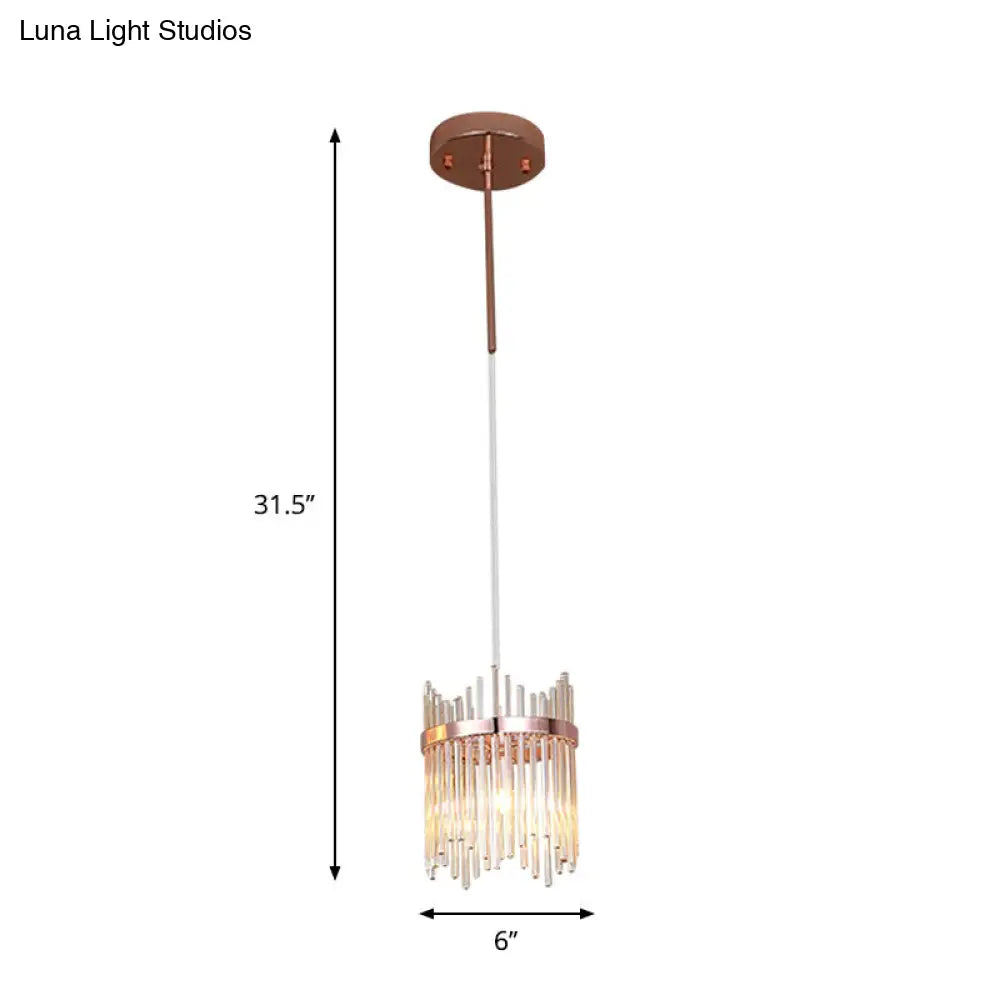 Modernist Crystal Rod Pendant Lamp In Rose Gold With 1 Bulb Suspension Light