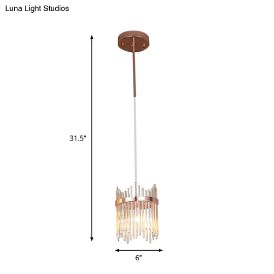 Modernist Crystal Rod Pendant Lamp In Rose Gold With 1 Bulb Suspension Light