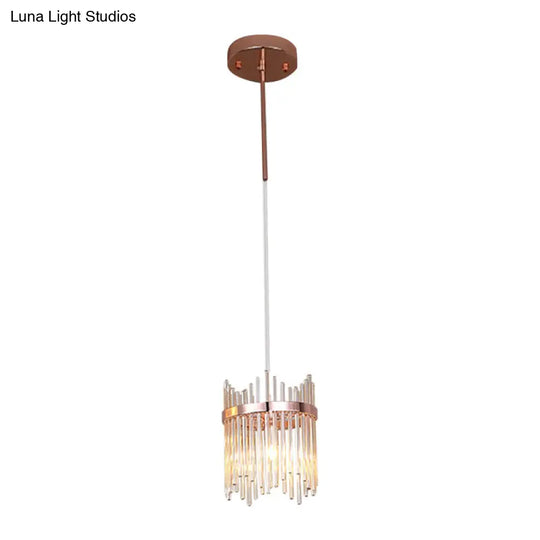 Modernist Crystal Rod Pendant Lamp In Rose Gold With 1 Bulb Suspension Light