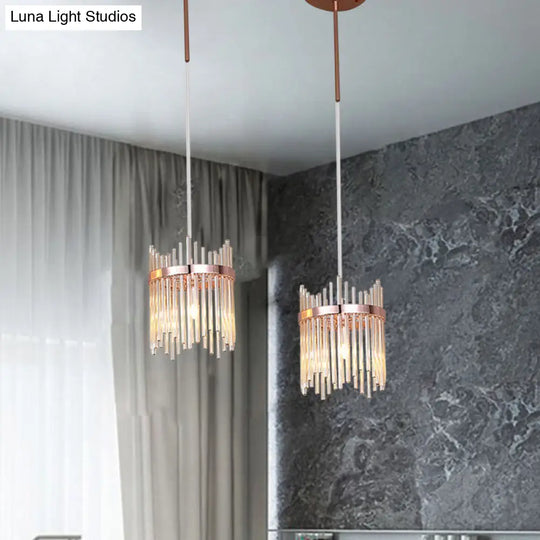 Modernist Crystal Rod Pendant Lamp In Rose Gold With 1 Bulb Suspension Light