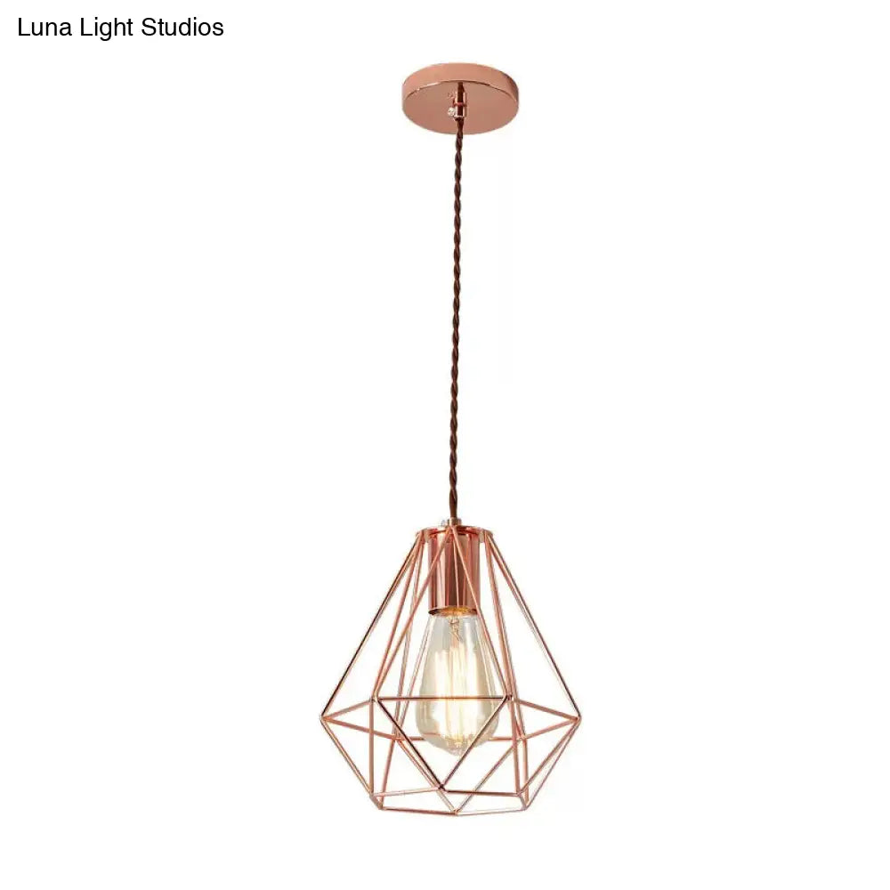 Industrial Rose Gold Pendant Lamp For Bedroom - Flared/Diamond Cage