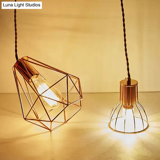 Industrial Rose Gold Pendant Lamp For Bedroom - Flared/Diamond Cage / Diamond