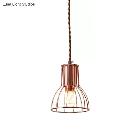 Industrial Rose Gold Pendant Lamp For Bedroom - Flared/Diamond Cage / Flared