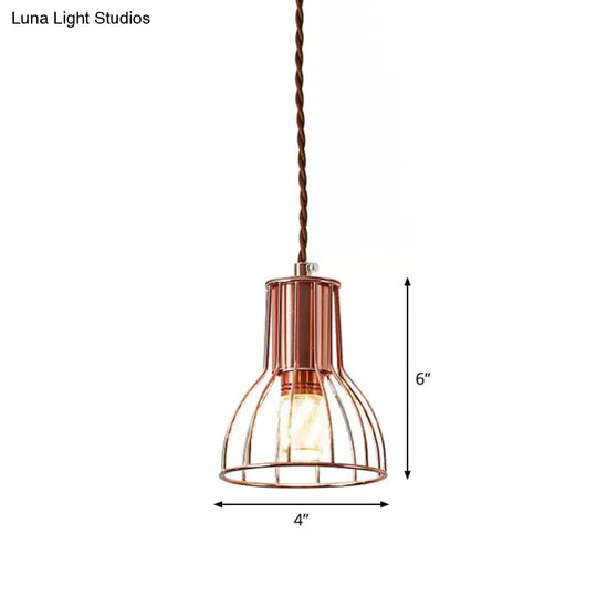 Industrial Rose Gold Pendant Lamp For Bedroom - Flared/Diamond Cage