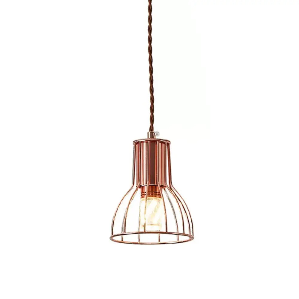 Rose Gold Pendant Lamp - Flared/Diamond Cage Industrial Ceiling Hang Light Bedroom Lighting / Flared