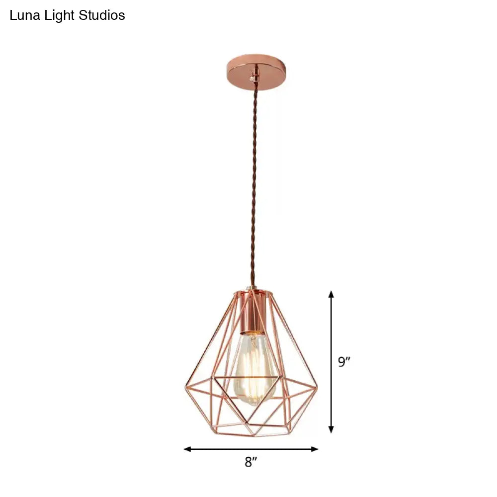 Industrial Rose Gold Pendant Lamp For Bedroom - Flared/Diamond Cage