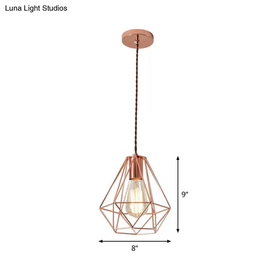 Industrial Rose Gold Pendant Lamp For Bedroom - Flared/Diamond Cage