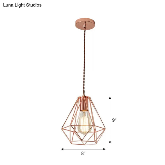 Rose Gold Pendant Lamp - Flared/Diamond Cage Industrial Ceiling Hang Light Bedroom Lighting