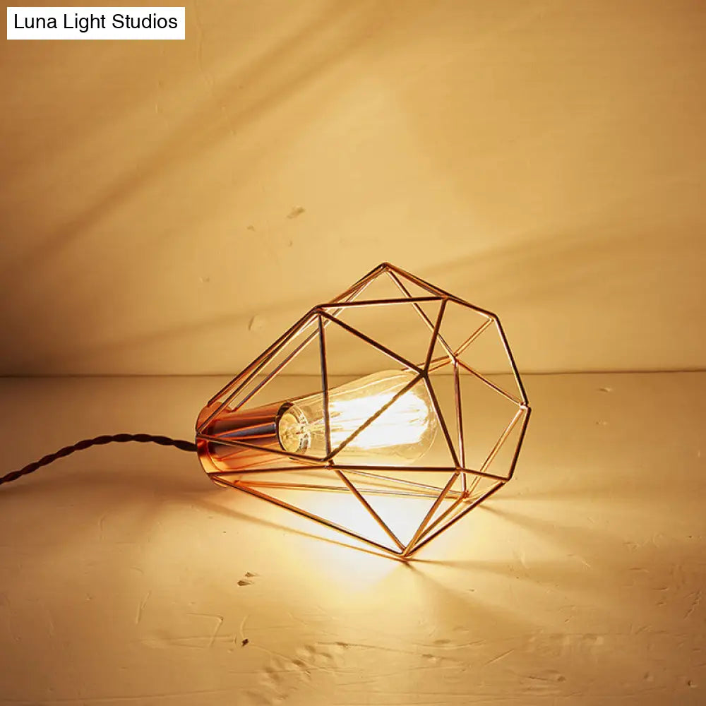 Industrial Rose Gold Pendant Lamp For Bedroom - Flared/Diamond Cage