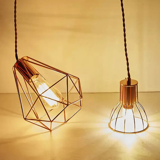 Rose Gold Pendant Lamp - Flared/Diamond Cage Industrial Ceiling Hang Light Bedroom Lighting /