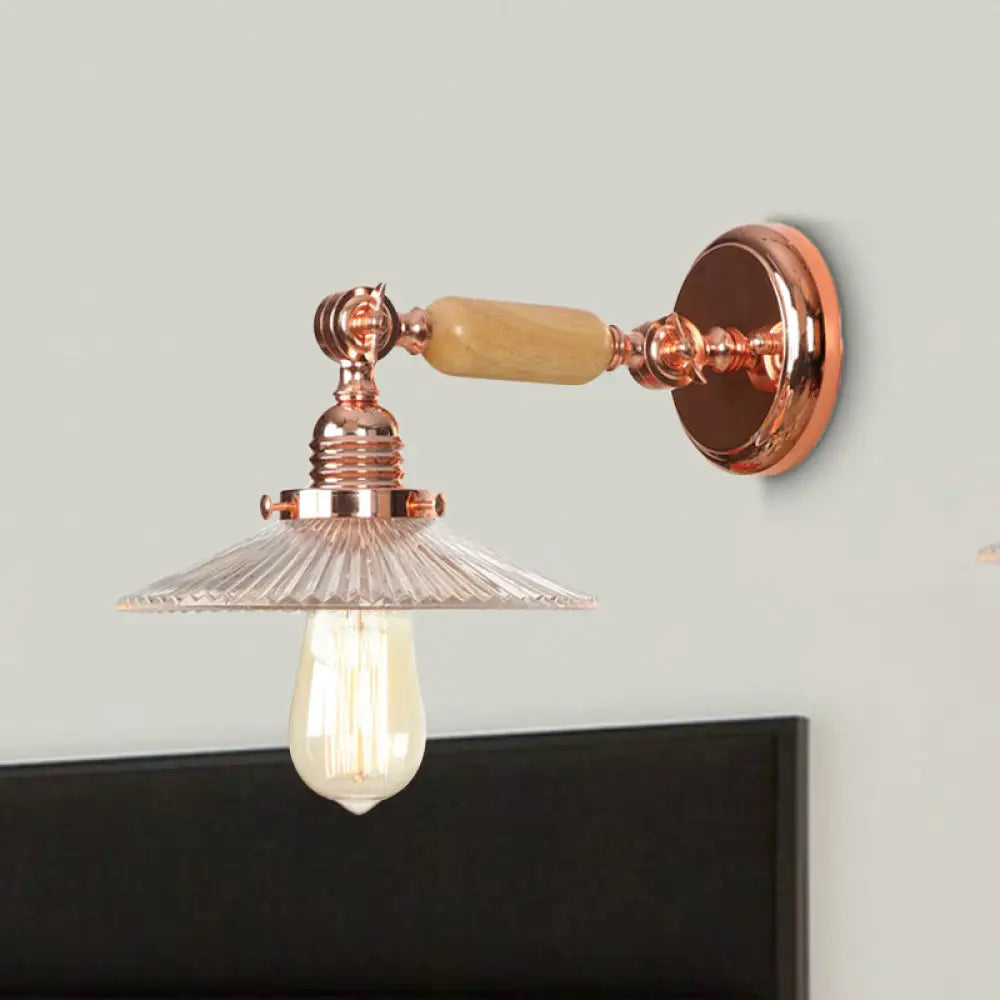 Rose Gold Ribbed Glass Sconce 1-Light Wall Lamp For Living Room Clear