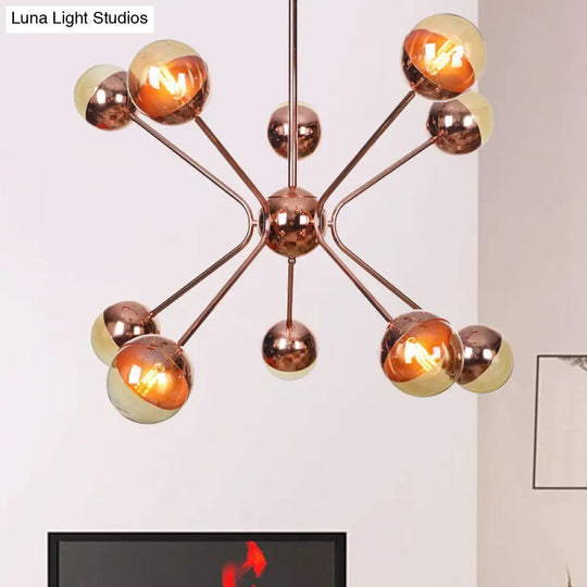 Rose Gold Sphere Chandelier With Amber Glass Shades - Modernist 12-Head Ceiling Light