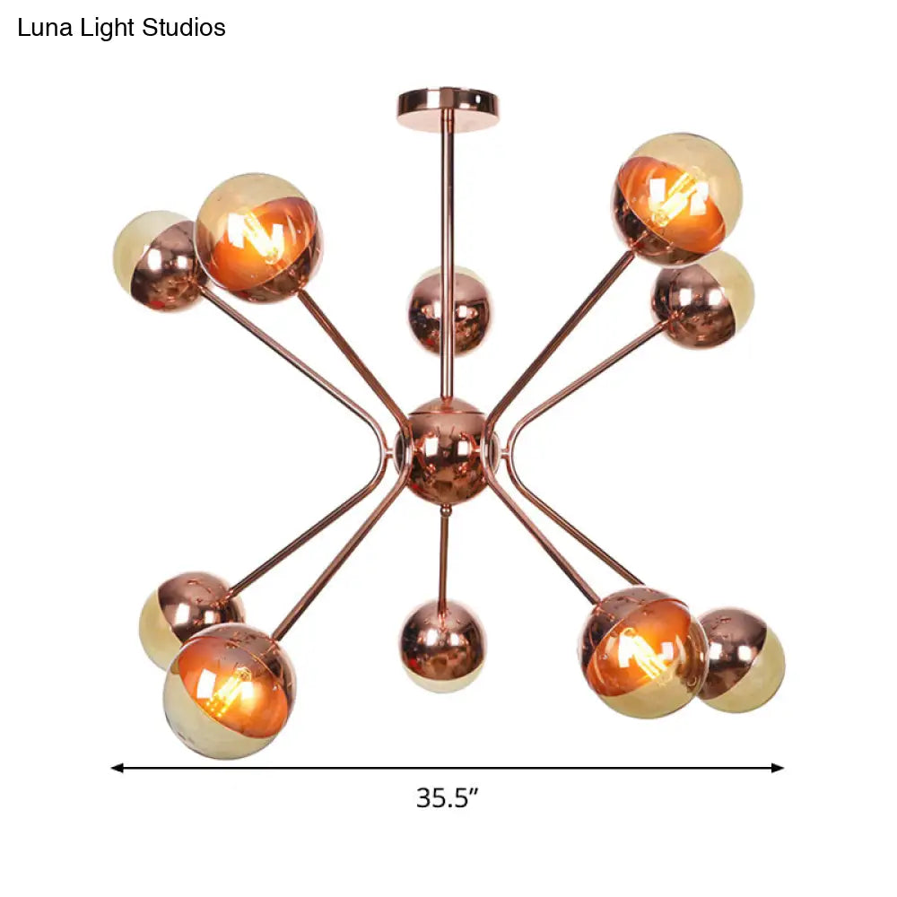 Rose Gold Sphere Chandelier With Amber Glass Shades - Modernist 12-Head Ceiling Light