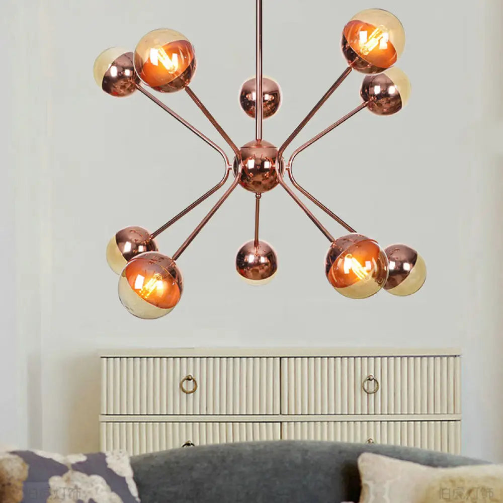 Rose Gold Sphere Chandelier With Amber Glass Shades - Modernist 12-Head Ceiling Light