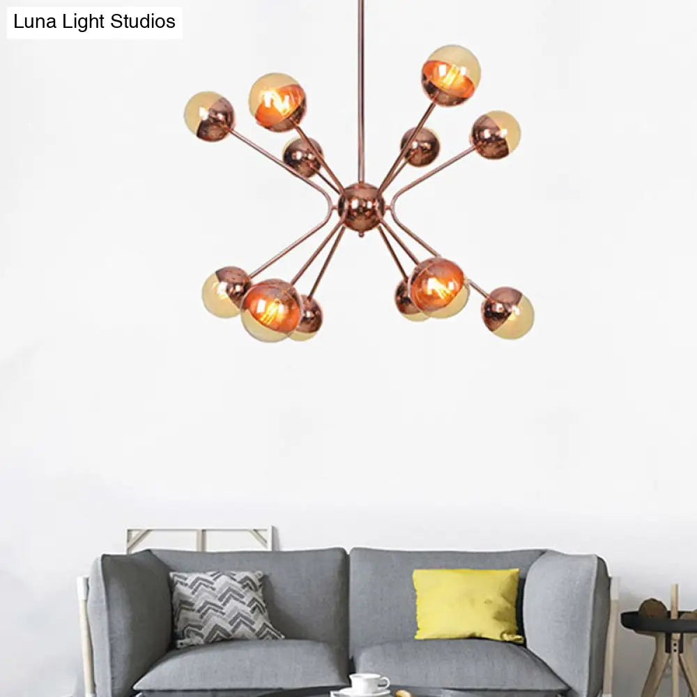 Rose Gold Sphere Chandelier With Amber Glass Shades - Modernist 12-Head Ceiling Light