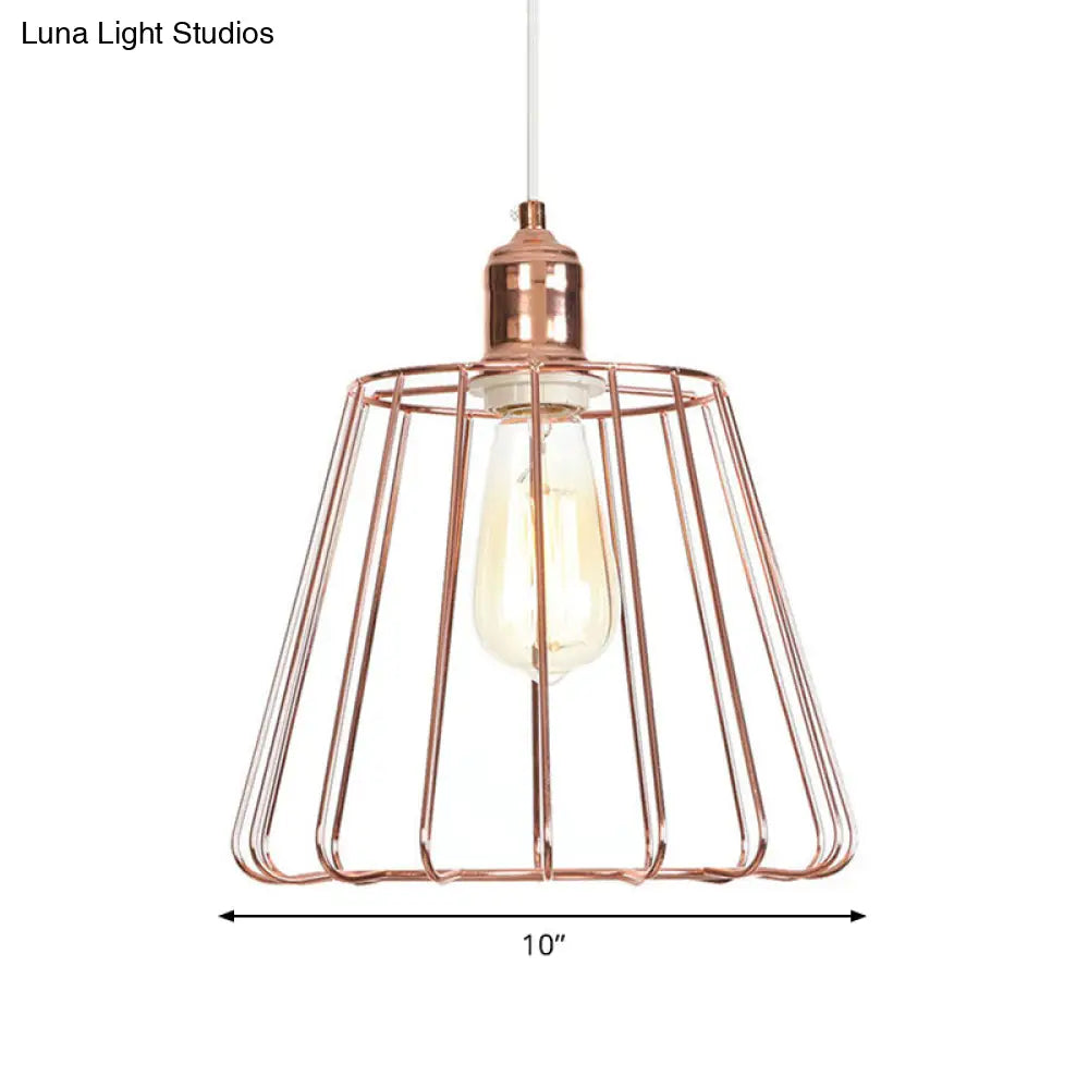 Modern Tapered Pendant Lighting: Rose Gold Metal Cage 1-Light Drop Ceiling Fixture