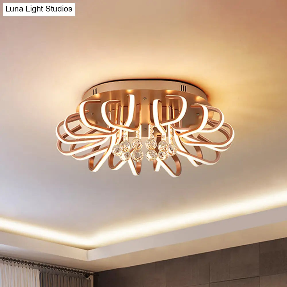 Rose Gold Twisted Flush Mount Led Ceiling Light With Crystal Ball Drop - Warm/White Lighting