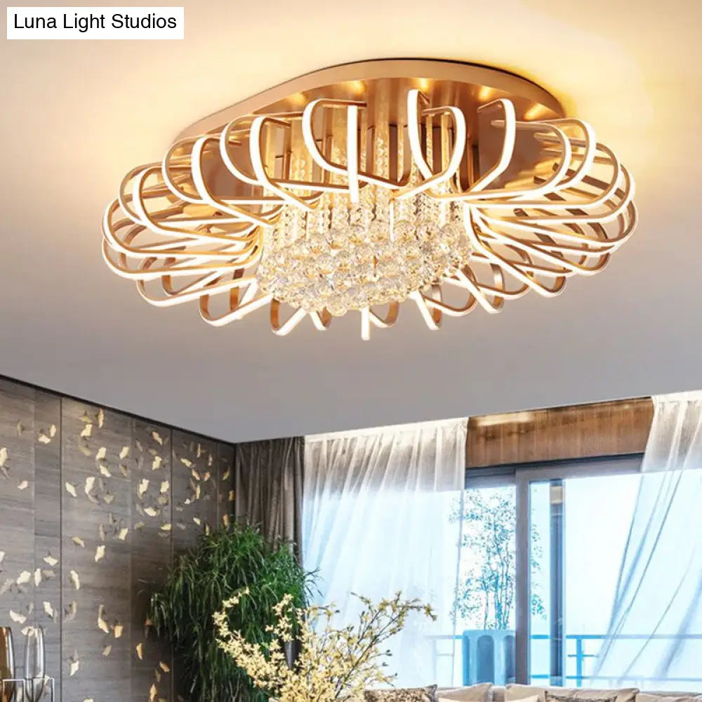 Rose Gold Twisted Flush Mount Led Ceiling Light With Crystal Ball Drop - Warm/White Lighting / Warm