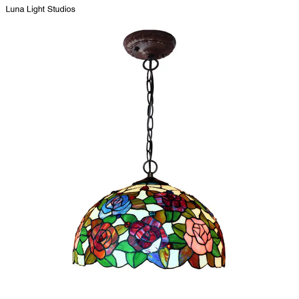 Rose Hanging Chandelier Tiffany Style Stained Glass Pendant Lamp - 1/2 Lights Red/Green 12’/16’ Wide