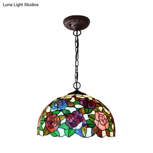 Rose Hanging Chandelier Tiffany Style Stained Glass Pendant Lamp - 1/2 Lights Red/Green 12’/16’ Wide