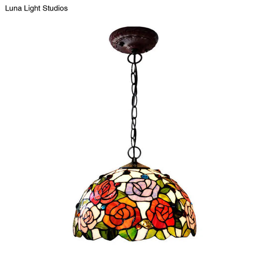 Rose Hanging Chandelier With Red/Green Stained Glass Tiffany Style Red / 12