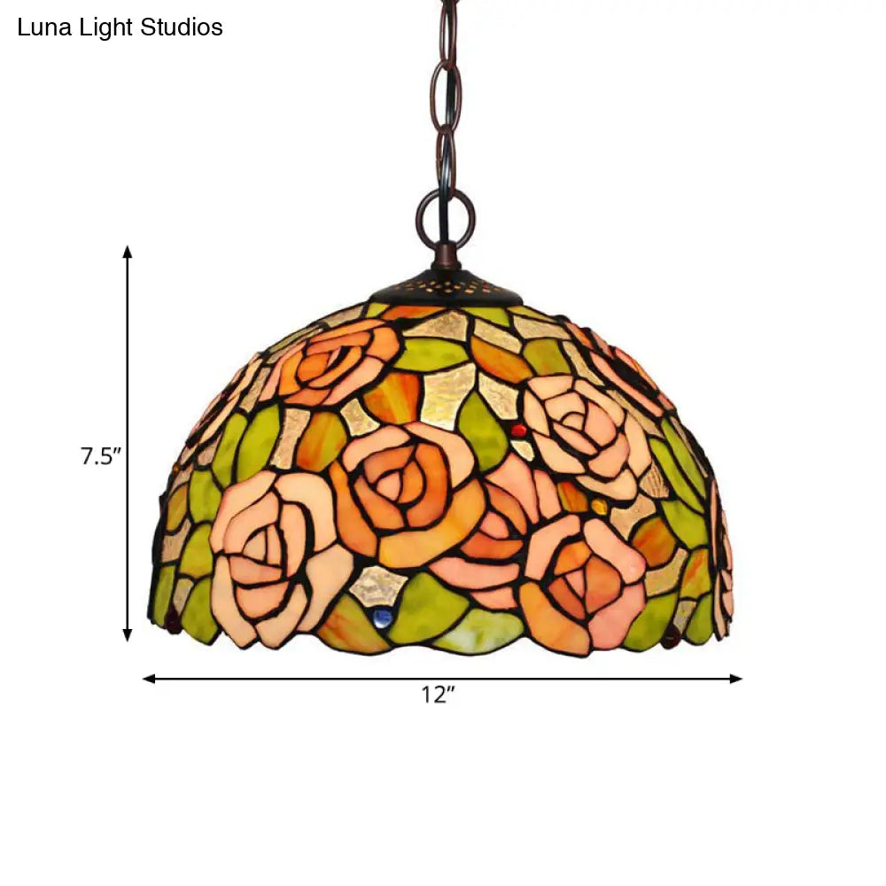 Rose Hanging Chandelier Tiffany Style Stained Glass Pendant Lamp - 1/2 Lights Red/Green 12’/16’ Wide