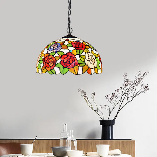 Rose Hanging Chandelier Tiffany Style Stained Glass Pendant Lamp - 1/2 Lights Red/Green 12’/16’