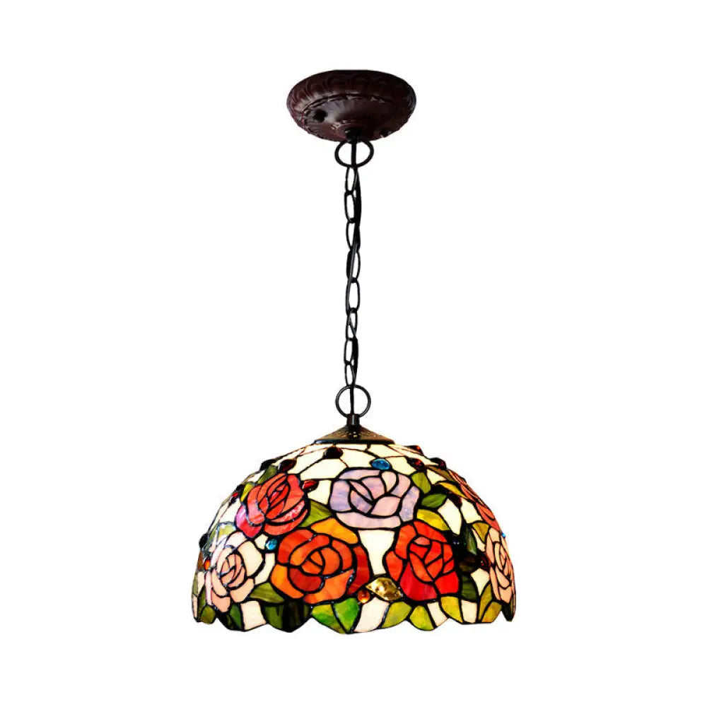 Rose Hanging Chandelier Tiffany Style Stained Glass Pendant Lamp - 1/2 Lights Red/Green 12’/16’