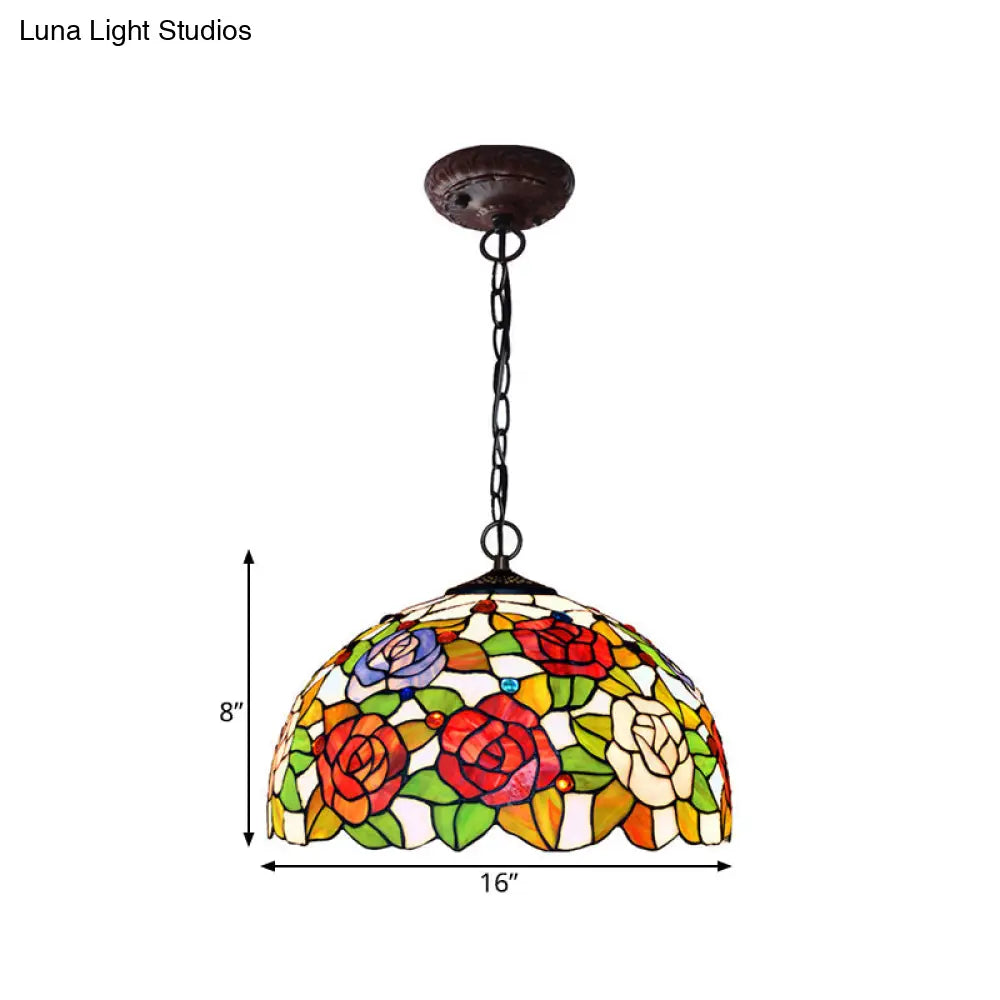 Rose Hanging Chandelier Tiffany Style Stained Glass Pendant Lamp - 1/2 Lights Red/Green 12’/16’ Wide