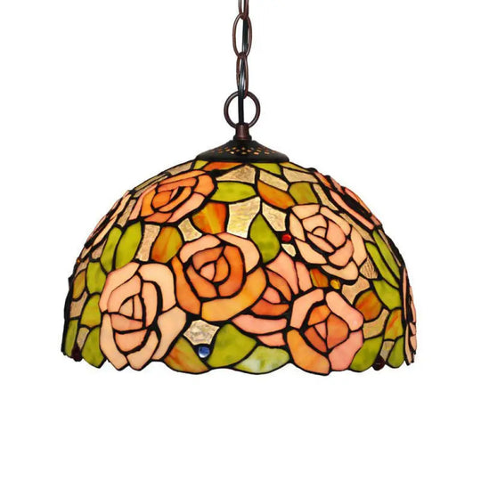 Rose Hanging Chandelier Tiffany Style Stained Glass Pendant Lamp - 1/2 Lights Red/Green 12’/16’