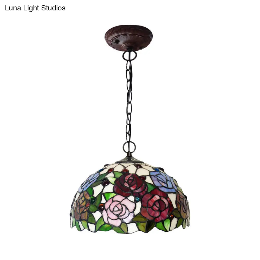 Rose Hanging Chandelier Tiffany Style Stained Glass Pendant Lamp - 1/2 Lights Red/Green 12’/16’ Wide