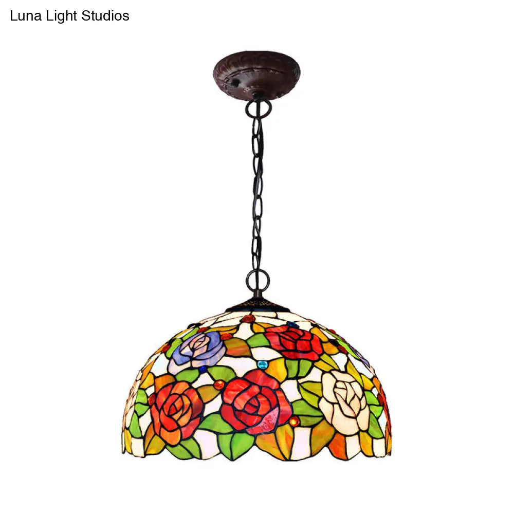 Rose Hanging Chandelier Tiffany Style Stained Glass Pendant Lamp - 1/2 Lights Red/Green 12’/16’ Wide