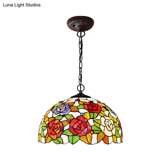 Rose Hanging Chandelier With Red/Green Stained Glass Tiffany Style