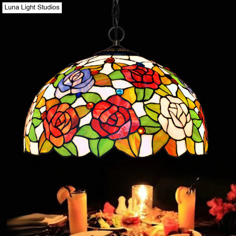 Rose Hanging Chandelier Tiffany Style Stained Glass Pendant Lamp - 1/2 Lights Red/Green 12’/16’ Wide